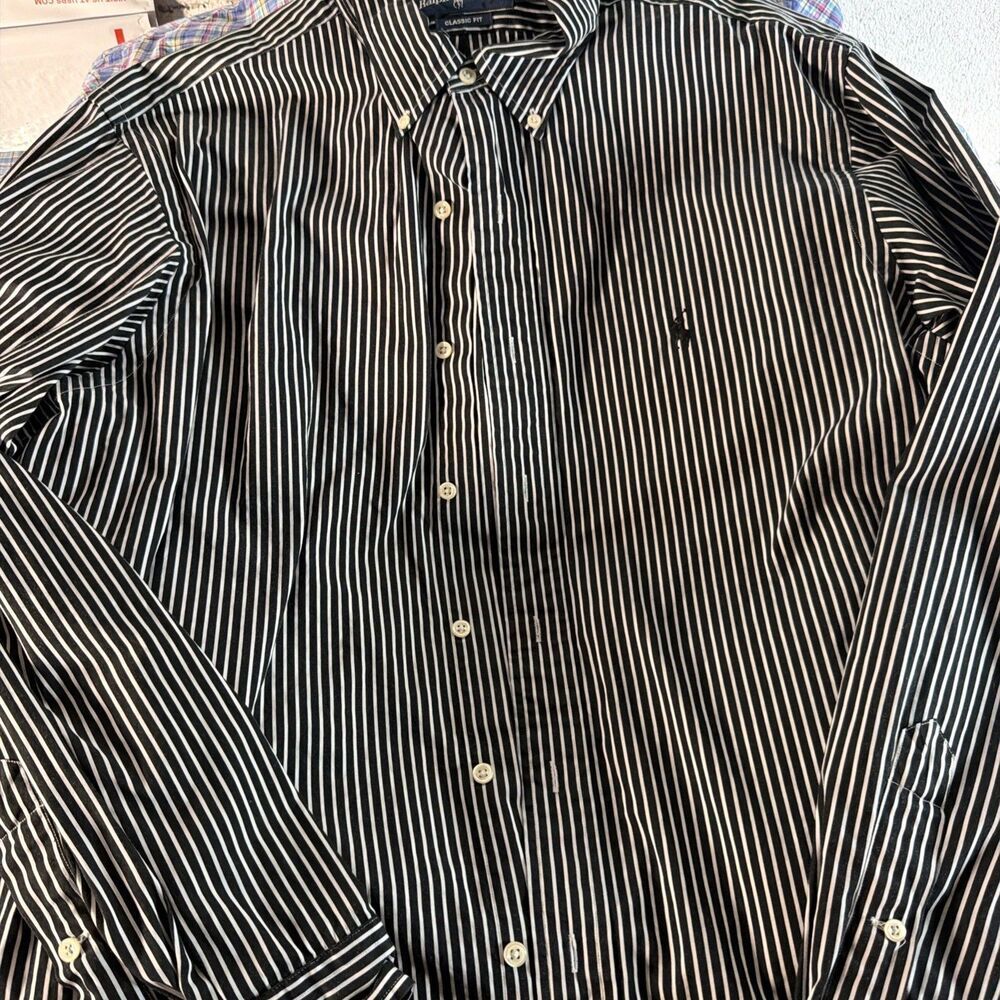 Ralph Lauren Men's 17 1/2 XL Button Down Shirt Black Striped Classic Fit